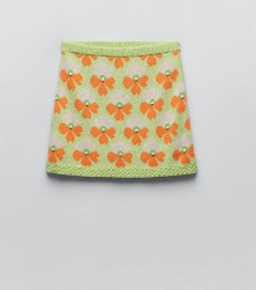 Zara Green & Orange Floral Print Jaquard Mini Skirt Size Large